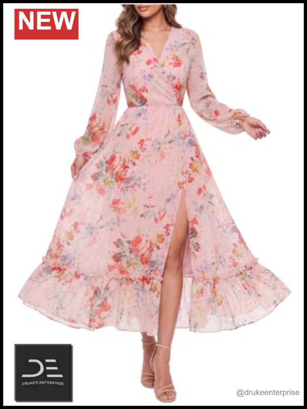 Women's Floral Maxi Dress Long Sleeve V Neck Flowy Boho